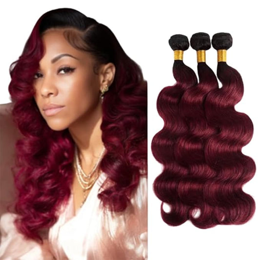 1B99J Bundles Body Wave Bundles Two Tone Black and Burgundy Body Wave Brazilian Hair Weave Soft and Silky for Women 8 10 12 Inch