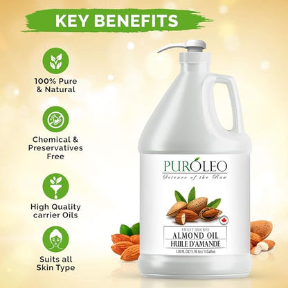 PUROLEO Sweet Almond Oil 128 Fl Oz/3784 ML (Packed In Canada) Pure Almond Oil for Skin, Hair, & Body | Organic Carrier Oil & Body Oils For Women