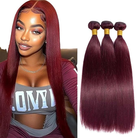 Red Burgundy Straight Bundles Human Hair Wine Red Human Hair Straight Bundles Brazilian Wet and Wavy Soft Silky for Woman 12 14 16 Inch
