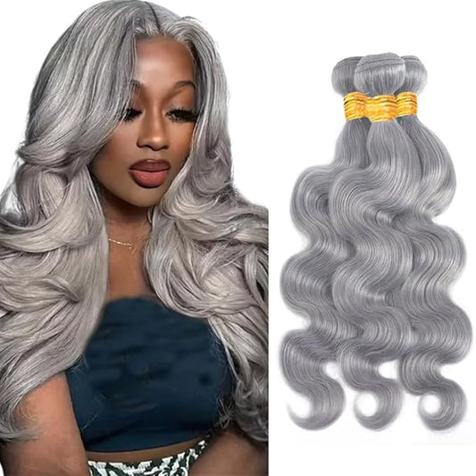 26 28 30 Inch Grey Body Wave Bundles Human Hair Light Grey Bundles Silver Human Hair Bundle Double Weft Virgin Remy Pure Grey Body Wave Bundle