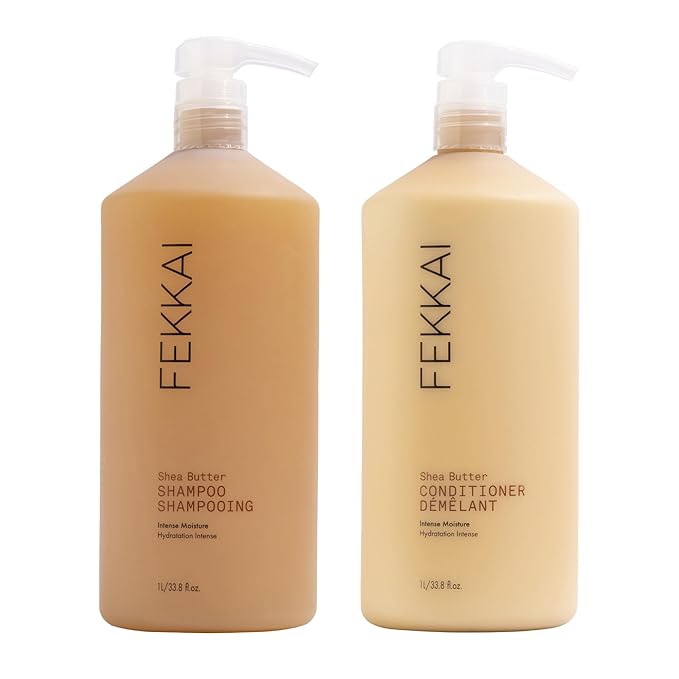FEKKAI Shea Butter Shampoo (1 Liter) + Conditioner (1 Liter) - Improves Moisture, Softness & Shine - Reduces Frizz by 61% Up to 12H - Free of Sulfates, Parabens, Phthalates - Vegan, Cruelty-Free