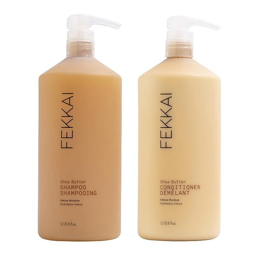 FEKKAI Shea Butter Shampoo (1 Liter) + Conditioner (1 Liter) - Improves Moisture, Softness & Shine - Reduces Frizz by 61% Up to 12H - Free of Sulfates, Parabens, Phthalates - Vegan, Cruelty-Free