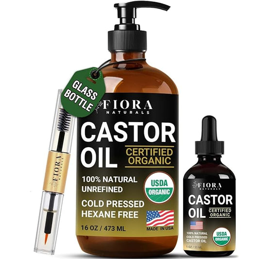 Castor Oil Organic Cold Pressed Unrefined Glass Bottle | For Hair Growth, Skin, in Pack Wraps, Eyelashes & Brows | USDA Certified, 100% Pure Organic Castor Oil | Hexane Free | 16oz, 1oz