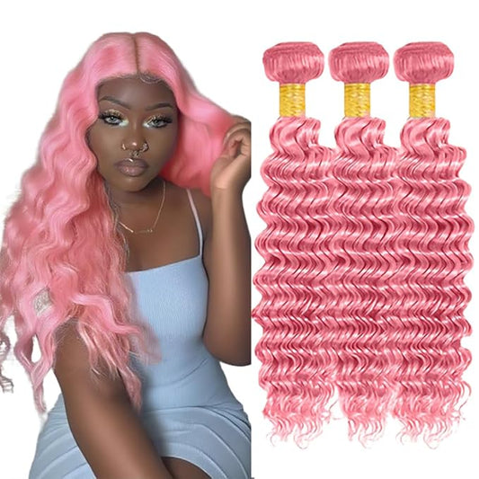 Pure Pink Deep Wave Bundles Pink Human Hair Bundle Peruvian Grade 8A Virgin Hair 3 Bundles 22 24 26 Inch Double Weft Hair Weave