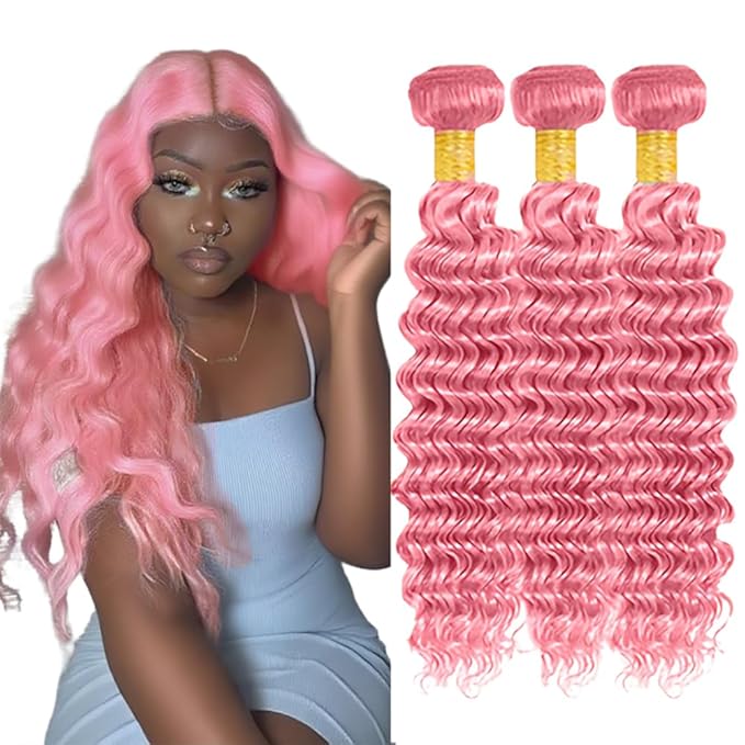 30 32 34 Inch Pink Bundles Human Hair Pink Deep Wave Bundles Niegmeag Peruvian Virgin Remy Hair Extensions Double Weft Soft and Skily Bundle