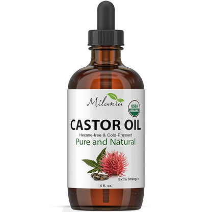 MILANIA Organic Castor Oil - Glass Bottle - Cold Pressed & Hexane-Free (4 fl. oz.)