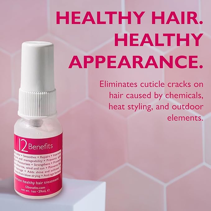 12 Benefits Instant Healthy Hair Treatment - Leave In Conditioner Travel Size Spray, Quaternium 39 & Silk Fibre Protein - Smooths Frizz, Strengthens & Repairs Damaged Hair, (1 Fl Oz)
