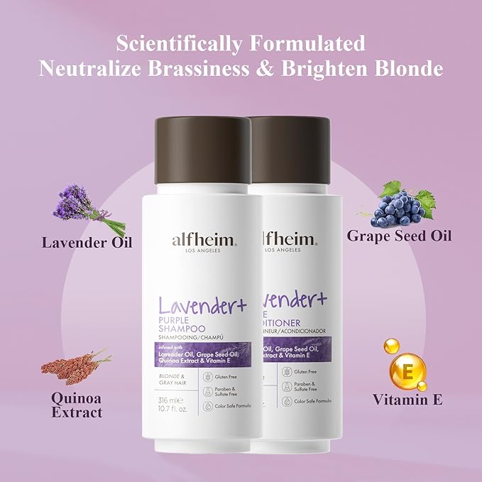 Alfheim Lavender+ Purple Shampoo & Conditioner Set | Tone-Correcting for Blonde, Silver & Gray Hair | Neutralizes Brass & Yellow Tones | Moisturizes, Protects Color & Adds Shine | 10.7 oz Each