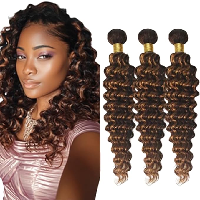 P1B30 Highlight Deep Curly Bundles Black Mixed With Light Brown Loose Deep Bundles two tone Brazilian Wavy Weave With Soft and Silky for Women 8 10 12 Inch