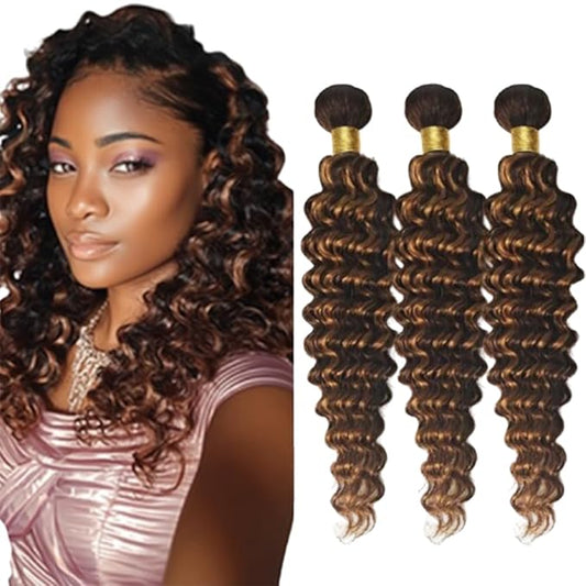 P1B30 Highlight Deep Curly Bundles Black Mixed With Light Brown Loose Deep Bundles two tone Brazilian Wavy Weave With Soft and Silky for Women 8 10 12 Inch