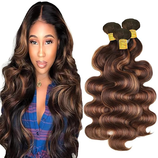 P430 Highlight Body Wave Bundles 10 12 14 Inch Human Hair Chocolate Brown and Brown Bundles Mix Two Tone Double Weft Weave Brazilian Human Hair Extensions Silky and Soft