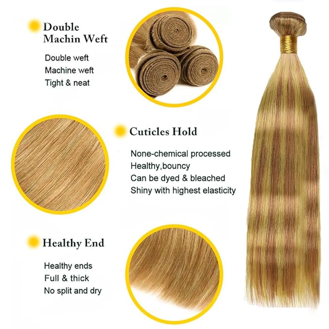 P27/30 Honey Blonde Straight Human Hair Bundles - Light Brown Ombre Remy Hair Extensions 14-18 Inch Silky Soft Highlight Bundles