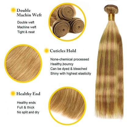 P27/30 Honey Blonde Straight Human Hair Bundles - Light Brown Ombre Remy Hair Extensions 14-18 Inch Silky Soft Highlight Bundles