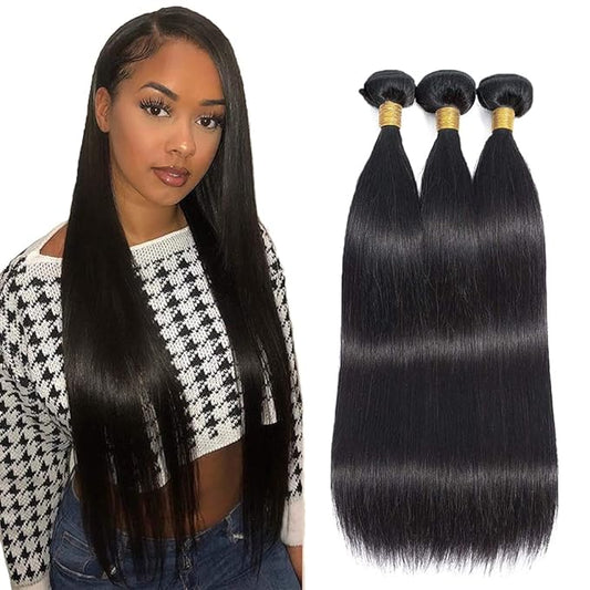 Human Hair Bundles Straight Bundles Human Hair Natural Color Brazilian Grade 8A Virgin Hair Extensions 16 18 20 Inch Color #1B Straight Hair Weave