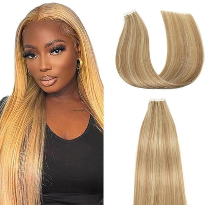 Tape In Hair Extensions 24 Inch HuxoWax P27/613 Straight Hair Extensions Double Weft Highlight Blonde VirgIn Soft And Silky Remy Hair