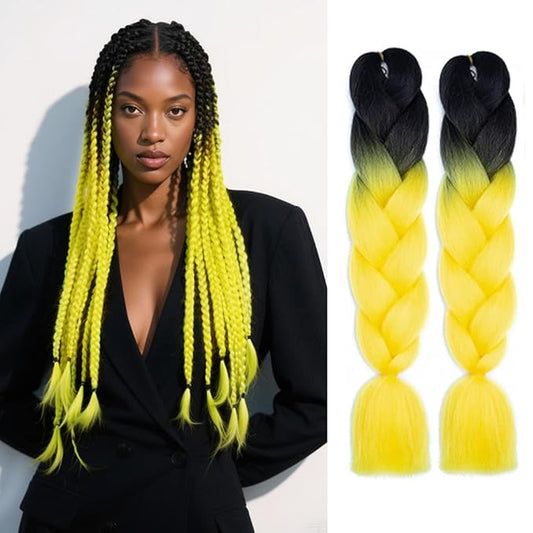 6 Packs Ombre Jumbo Braiding Hair Extensions 24 Inch High Temperature Synthetic Fiber Hair Extensions for Box Braids Braiding Hair (Black to Yellow)