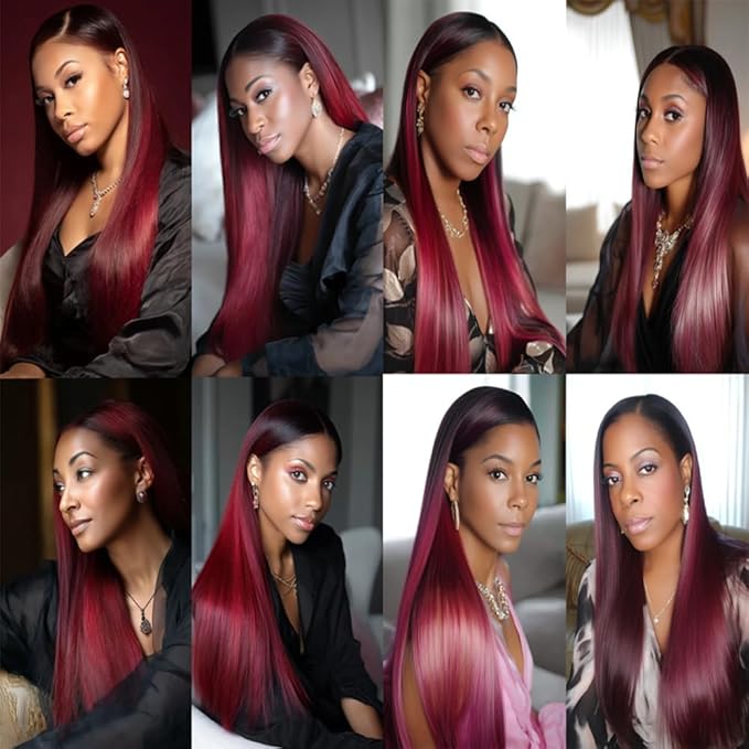 1B99J Straight Bundles Black Mixed With Burgundy Straight Bundles two tone Brazilian Hair Extensions Soft and Silky for Women 24 26 28 Inch