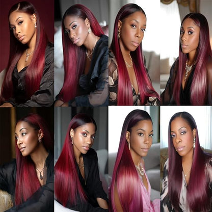 1B99J Straight Bundles Black Mixed With Burgundy Straight Bundles two tone Brazilian Hair Extensions Soft and Silky for Women 24 26 28 Inch