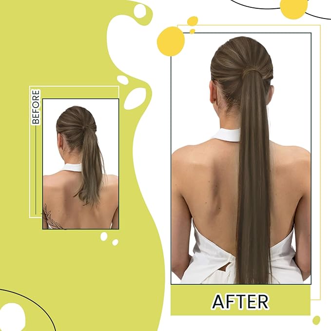 RUNATURE Human Hair Ponytail Wrap Around Ponytail Extension Human Hair with Magic Paste Long Real Ponytail Hair Extensions 20 Inch 80g #2P8A Dark Brown Highlight Light Brown