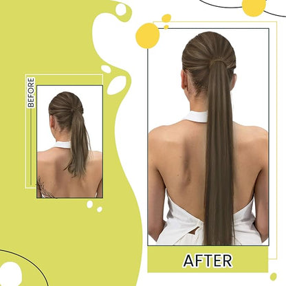 RUNATURE Human Hair Ponytail Wrap Around Ponytail Extension Human Hair with Magic Paste Long Real Ponytail Hair Extensions 20 Inch 80g #2P8A Dark Brown Highlight Light Brown