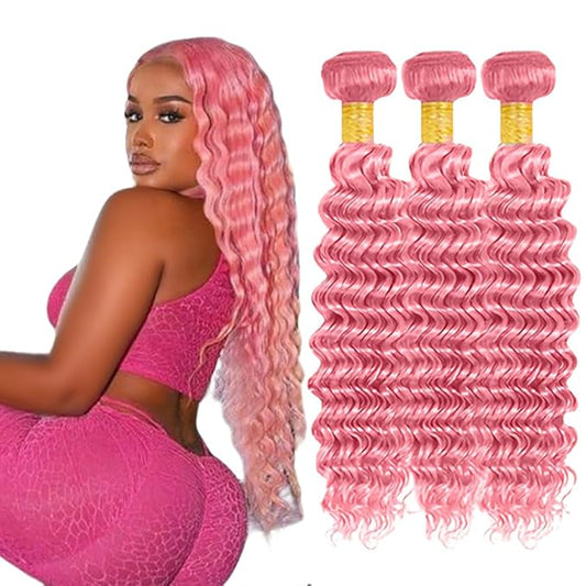 Pink Human Hair Bundles Pink Deep Wave Bundles 24 26 28 Inch Niegmeag Peruvian Virgin Remy Hair Extensions Double Weft Soft and Skily Hair Weave