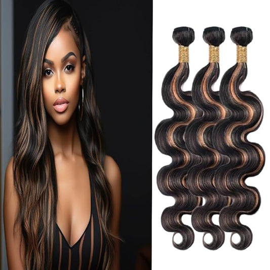 Brown With Highlight P1B30 Body Wave Bundles 1B and Light Brown Body Wave Bundles two tone Brazilian Hair Extensions Soft and Silky for Women 14 16 18 Inch