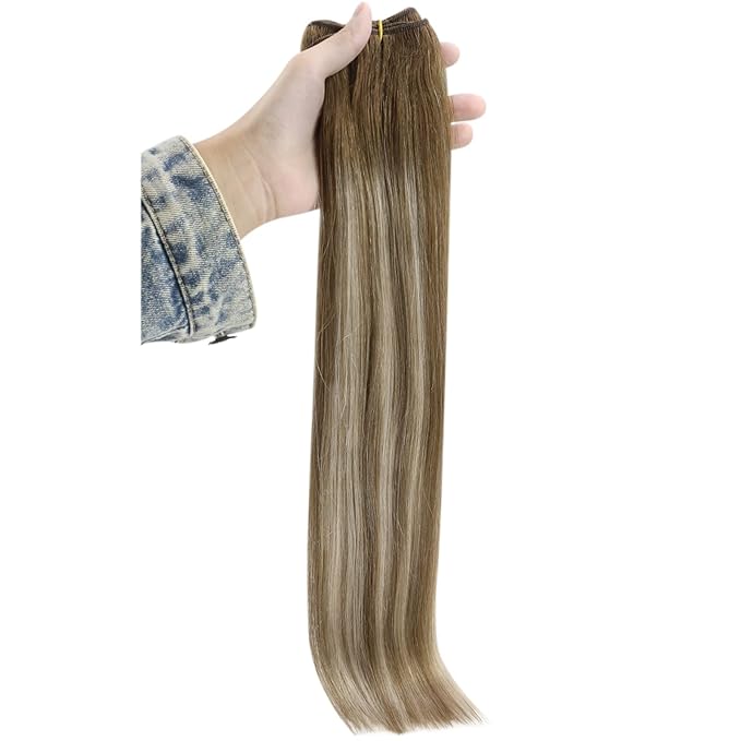 Full Shine Hair Extensions Sew in Extensions Real Human Hair Color Light Brown To Platinum Blonde Mix Brown Human Hair Bundles Weft Human Hair Extensions For Women 16 Inch