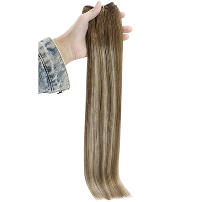 Full Shine 20 Inch Human Hair Extensions Sew In Hair Extensions Real Human Hair Color Chestnut Brown Fading To Platinum Blonde Mix Brown Hair Weft Sew In Weft Extensions For Women 105G