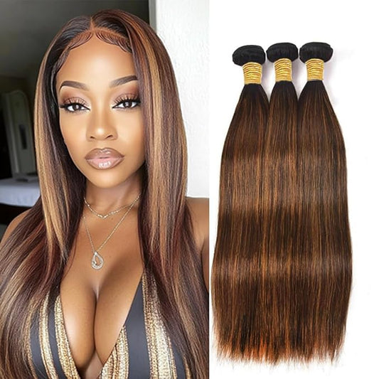 Ombre Straight Bundles Human Hair P430 Straight Bundles Brown and Light Brown two tone Brazilian Human Hair Soft and Silky for Black Women 10 12 14 Inch