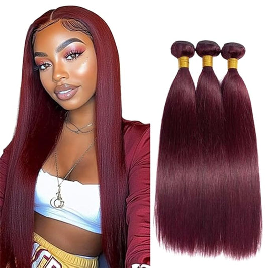 99j Human Hair Straight Bundles Wine Red Human Hair Burgundy Bundles Brazilian Weave Wet and Wavy Soft Silky for Woman 8 10 12 Inch