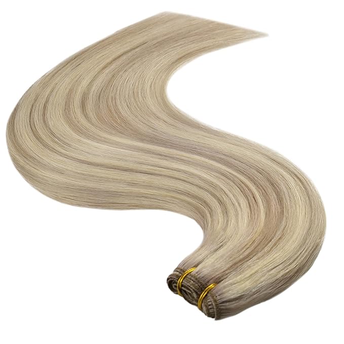 YoungSee Weft Hair Extensions, Highlight Sew in Hair Extensions Real Human Hair, Warm Ash Blonde Highlights Bleach Blonde Highlights Sew in Weft Hair Extensions Human Hair 18Inch 100G