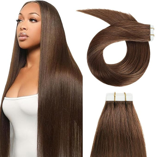 Tape In Hair Extensions 24 Inch Color #4 Straight Hair Extensions HuxoWax Double Weft Invisible Brown VirgIn Soft And Silky Remy Hair