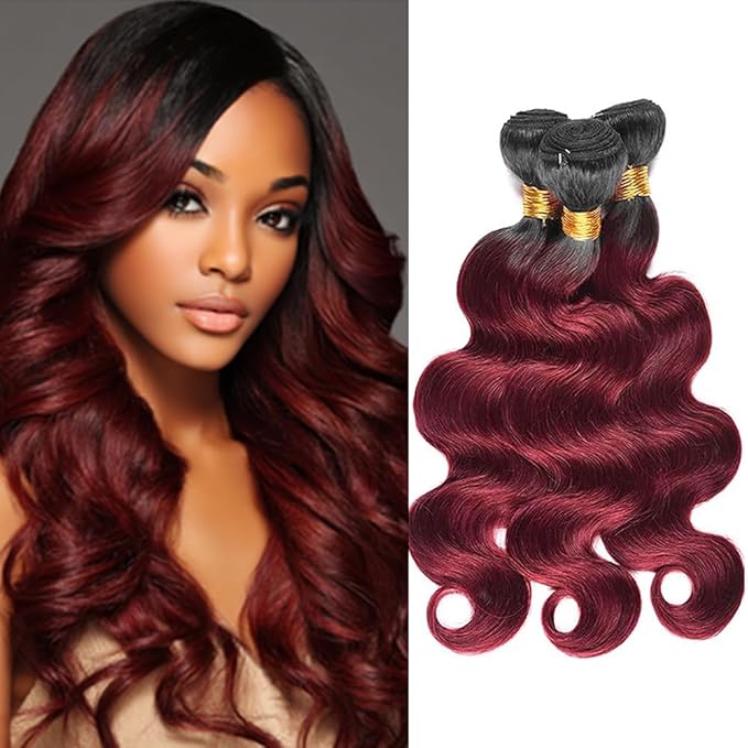 Ombre Burgundy Bundles 1B99j Body Wave Bundles Black and Burgundy two tone Brazilian Human Hair Weave Soft and Silky for Women 10 12 14 Inch
