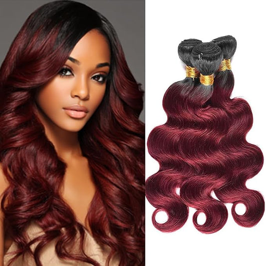 Ombre Burgundy Bundles 1B99j Body Wave Bundles Black and Burgundy two tone Brazilian Human Hair Weave Soft and Silky for Women 10 12 14 Inch