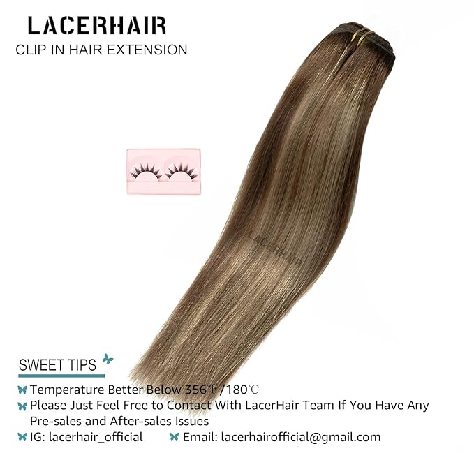 Lacer Clip in Hair Extensions Real Human Hair Highlignt Warm Brown to Dark Caramel Blonde Remy Human Hair Extensions Clip ins for Women 14 Inch 120g 7Pcs Natural Human Hair