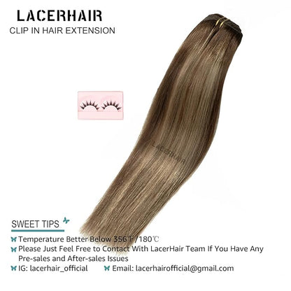 Lacer Clip in Hair Extensions Real Human Hair Highlignt Warm Brown to Dark Caramel Blonde Remy Human Hair Extensions Clip ins for Women 14 Inch 120g 7Pcs Natural Human Hair