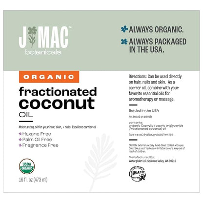 J MAC BOTANICALS, Organic Fractionated Coconut Oil (16 Oz.) Carrier oil for diluting essential oils, leave in conditioner for dry damaged hair, skin, massage