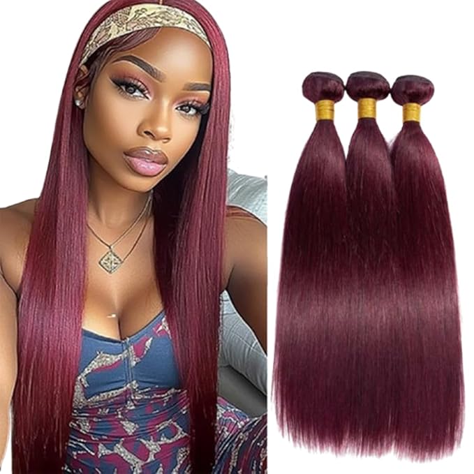 99j Human hair Bundles Wine Red Straight Burgundy Brazilian Human Hair Extensions Weave Wet and Wavy Soft Silky for Woman 18 20 22 Inch