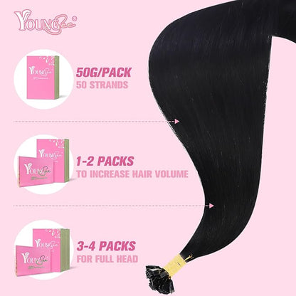 YoungSee Ktip Human Hair Extensions Jet Black 24inch Remy Hair Extensions K Tip Jet Black Keratin Human Hair Extensions Black Soft and Silky K Tip Extensions Long Straight Hair 50s/50g