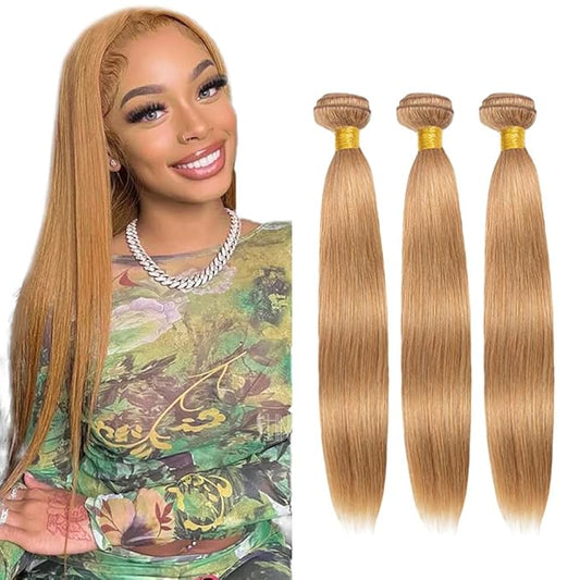 #27 Honey Blonde Bundles Human Hair Straight Bundles 28 30 32 Inch Unprocessed Brazilian Virgin Hair Weave 3 Bundle Blonde Human Hair Extensions 50 Grams Per Bundle