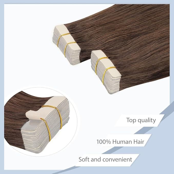 28 Inch Tape In Hair Extensions Color #4 Straight Hair Extensions HuxoWax Double Weft Invisible Brown VirgIn Soft And Silky Remy Hair