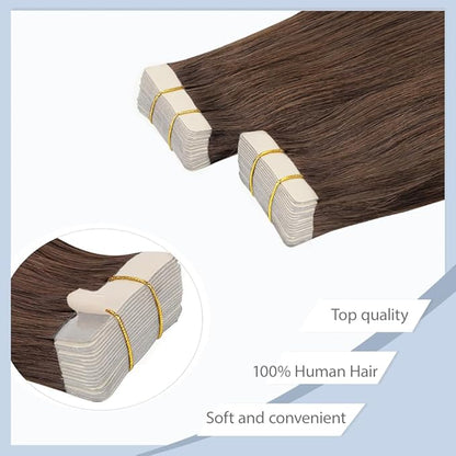 28 Inch Tape In Hair Extensions Color #4 Straight Hair Extensions HuxoWax Double Weft Invisible Brown VirgIn Soft And Silky Remy Hair