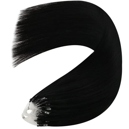 YoungSee Micro Link Hair Extensions Human Hair Black Microbead Hair Extensions Jet Black Bead Hair Extensions Black 18 Inch 1g/s 50g Micro Hair Extensions Human Hair Black #1 for Women