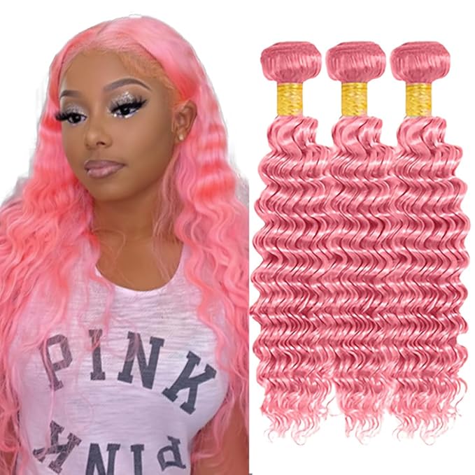 Light Pink Deep Wave Bundles Human Hair Pink Bundles 18 20 22 Inch Niegmeag Brazilian Virgin Remy Hair Extensions Double Weft Pure Pink Bundle