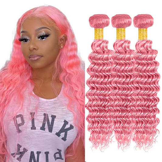 Light Pink Deep Wave Bundles Human Hair Pink Bundles 18 20 22 Inch Niegmeag Brazilian Virgin Remy Hair Extensions Double Weft Pure Pink Bundle