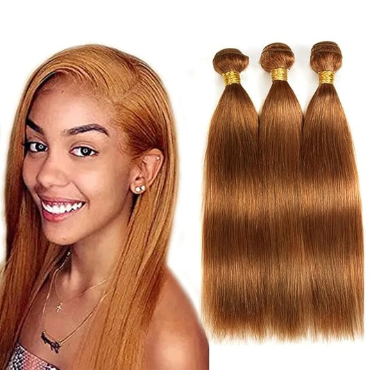 Color 30 Bundles Human Hair Light Brown Straight Human Hair Bundles 14 16 18 Inch Brown Bundles Human Hair Color Silky Soft Unprocessed Remy Hair Extensions #30 Straight Human Hair Bundles