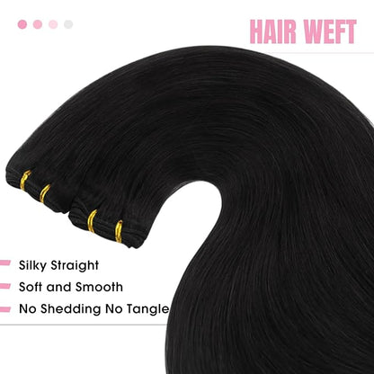 YoungSee 100G Weft Hair Extensions Black Human Hair Weft Extensions Jet Black Sew in Hair Extensions Real Human Hair Black Soft and Silky Weft Hair Extensions Human Hair 14Inch
