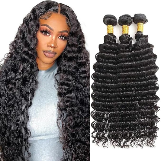 Color 1B Human Hair Bundles Natural Black Deep Wave Hair Extensions Grade 8A Brazilian Virgin Remy 3 Bundles 22 24 26 Inch Double Weft Real Hair Weave
