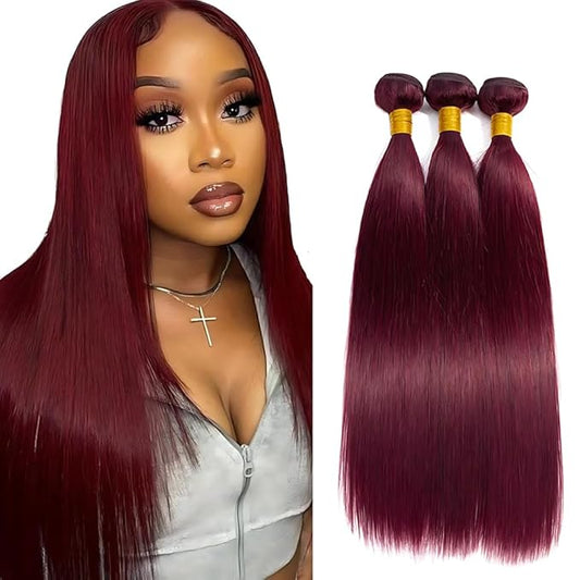 Color 99j Burgundy Bundles Human Hair Wine Red Straight Bundles 10 12 14 Inch Double Weft Unprocessed Brazilian Hair Extensions Soft and Silky for Women