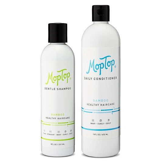 MopTop Gentle Shampoo (8oz) + Daily Conditioner (16oz) for Wavy, Curly, and Coily Hair, Color Safe, Moisturizing Hair Care Set